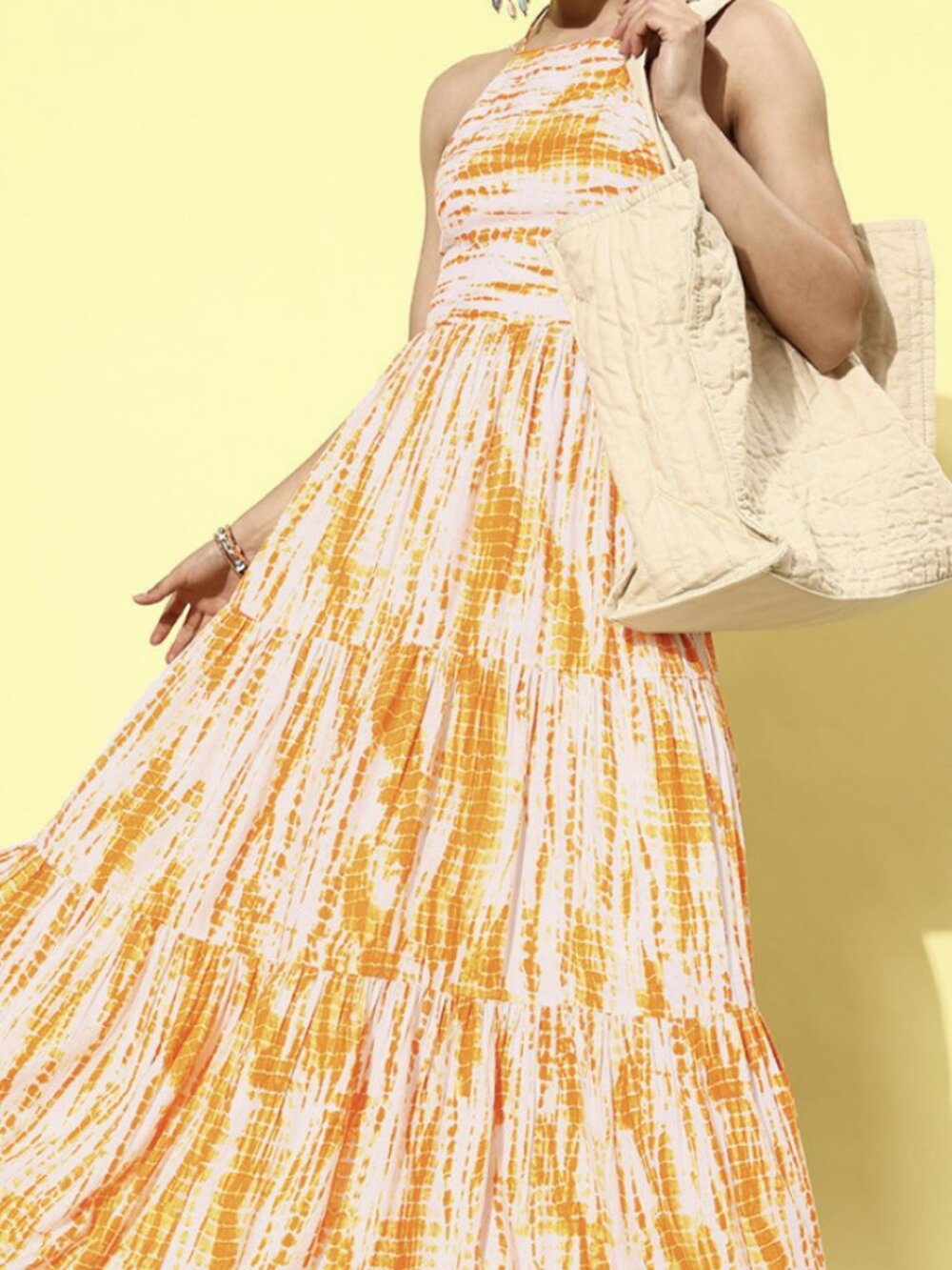 Women Yellow and White Shibori Dyed Maxi Dress Flared Tiered Summer Gown